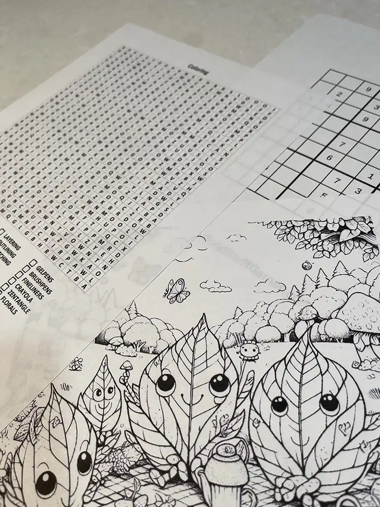 Sudoku, Word Search and coloring page