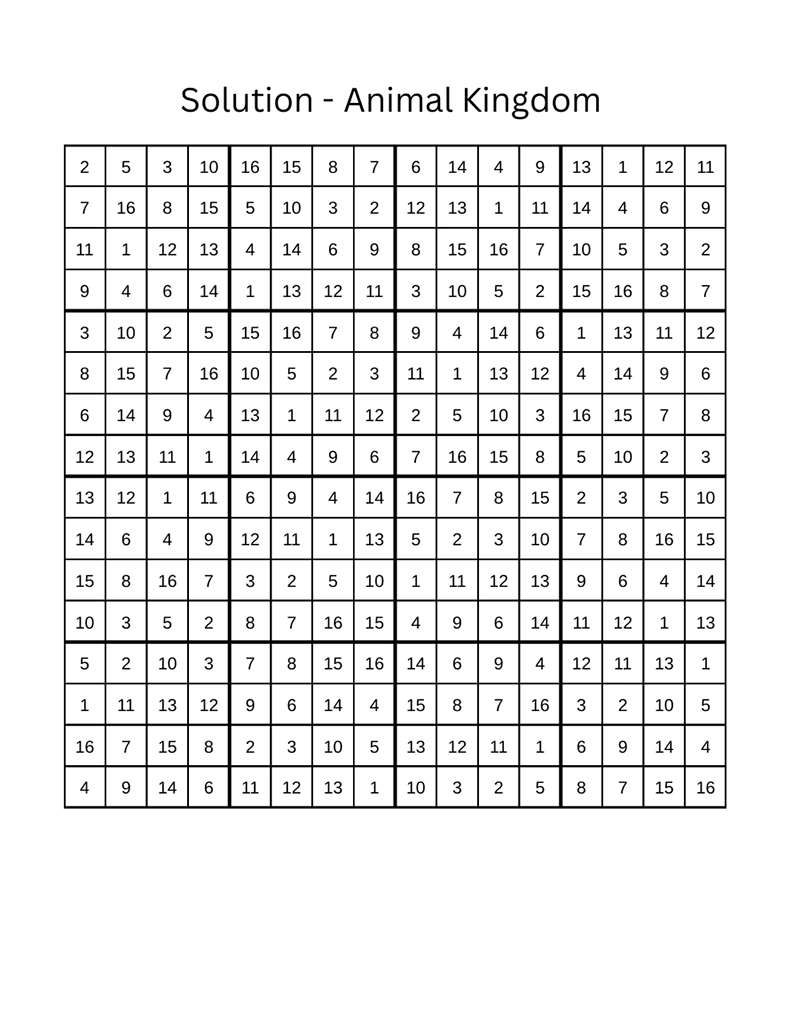 Free Sudoku Printable Animal Kingdom Solution