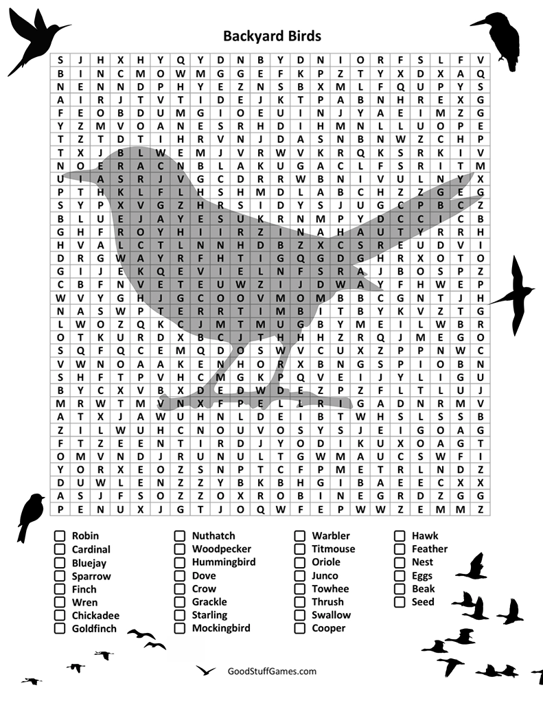 Word Search Printable - Under the Sea Backyard Birds Word Search