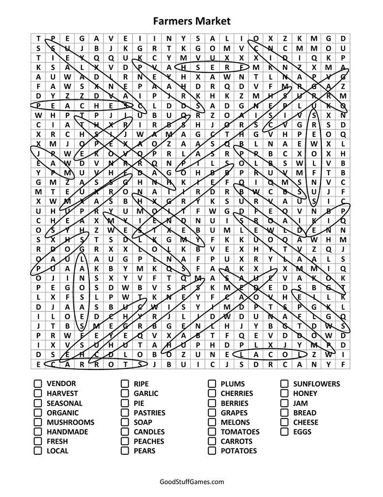 Word Search Printable Solution- Under the Sea Farmers Market Word Search Solution