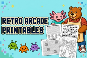 Free Retro Arcade Printables: Word Search, Symbol Sudoku, Maze and Coloring Page