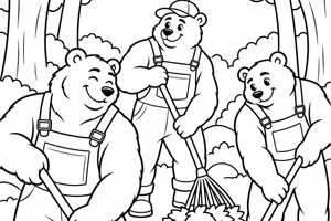 Fall Coloring Page: Cozy Bears Raking Leaves