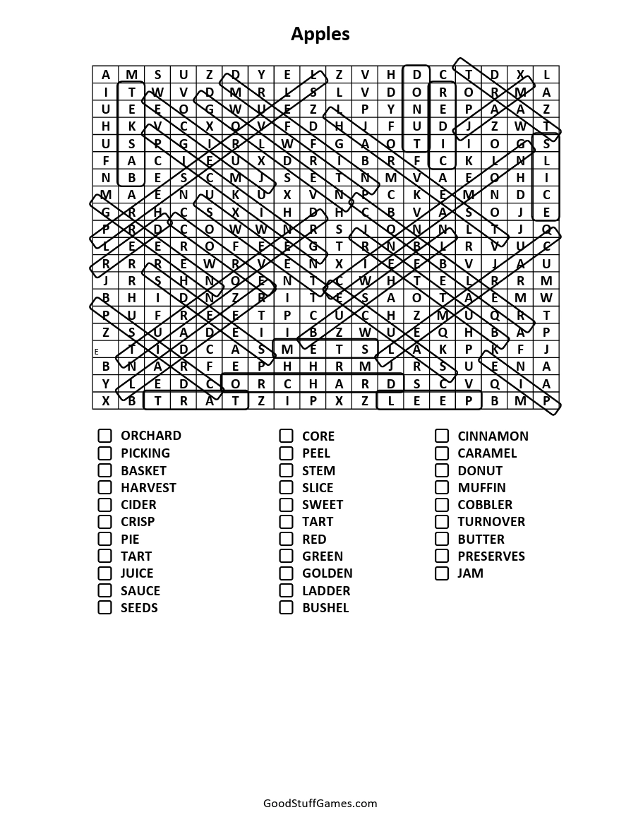 Word Search Printable Solution- Under the Sea Apples Word Search Solution